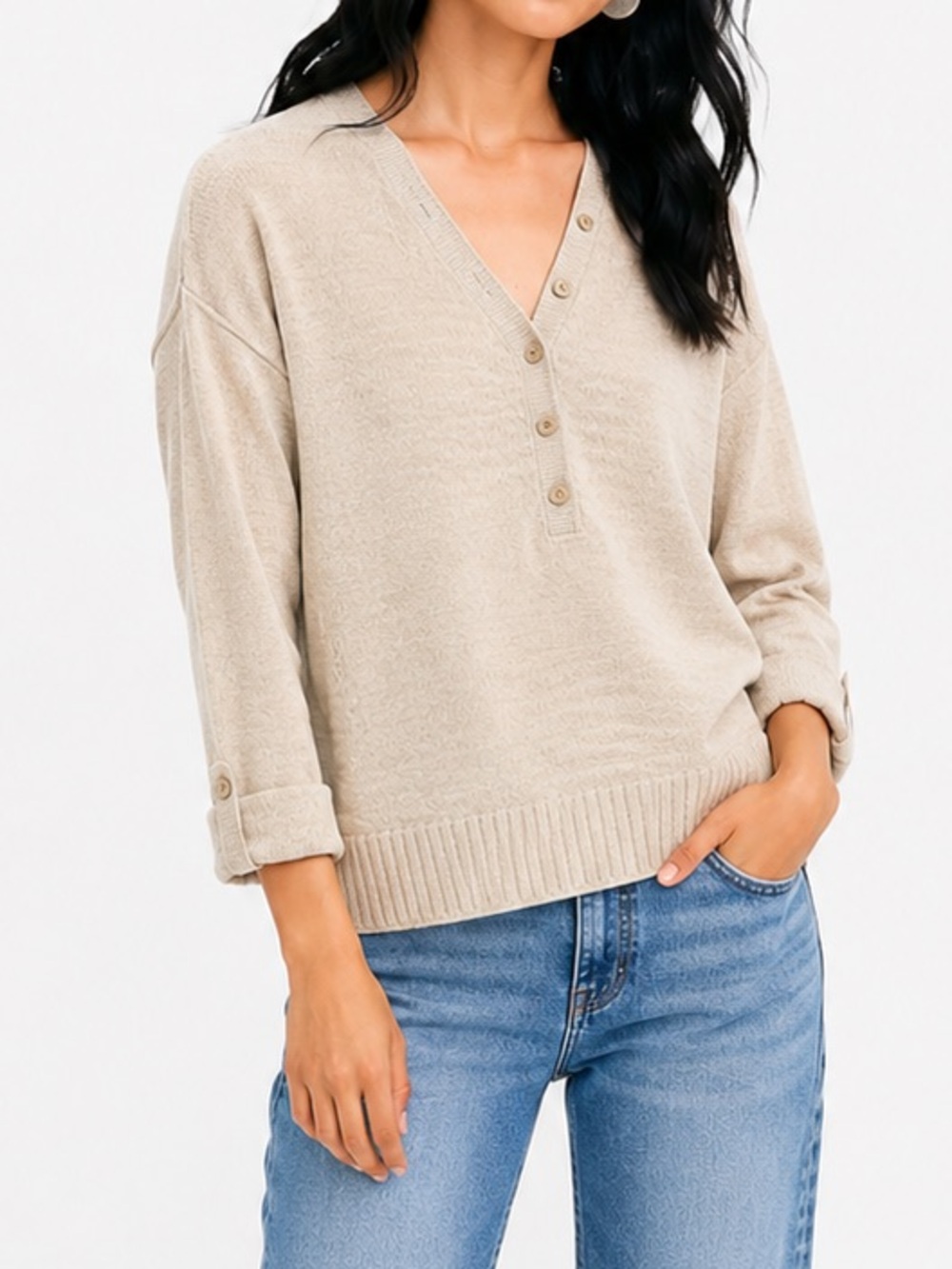 LOFT Roll Tab Henley Sweater – Oatmeal Cream | Size Small | NWT